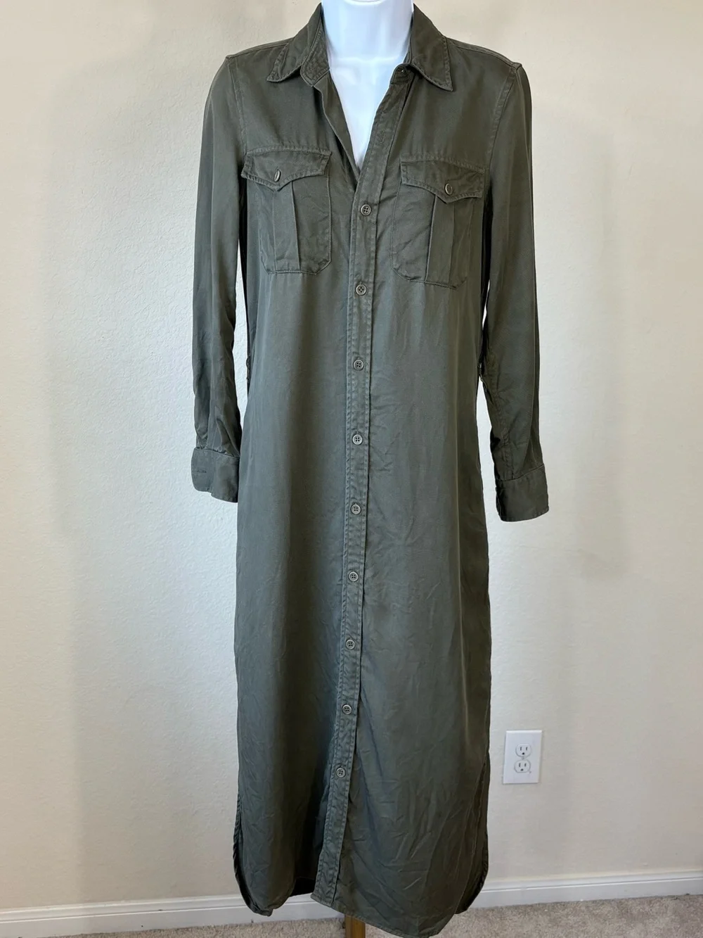 Double RL Ralph Lauren Lyocell Twill Shirt Dress Olive Green Size 1 Maxi Midi